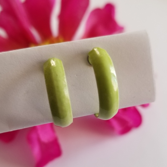 Vintage Jewelry - Vintage celery green enamel clip on hoop earrings
